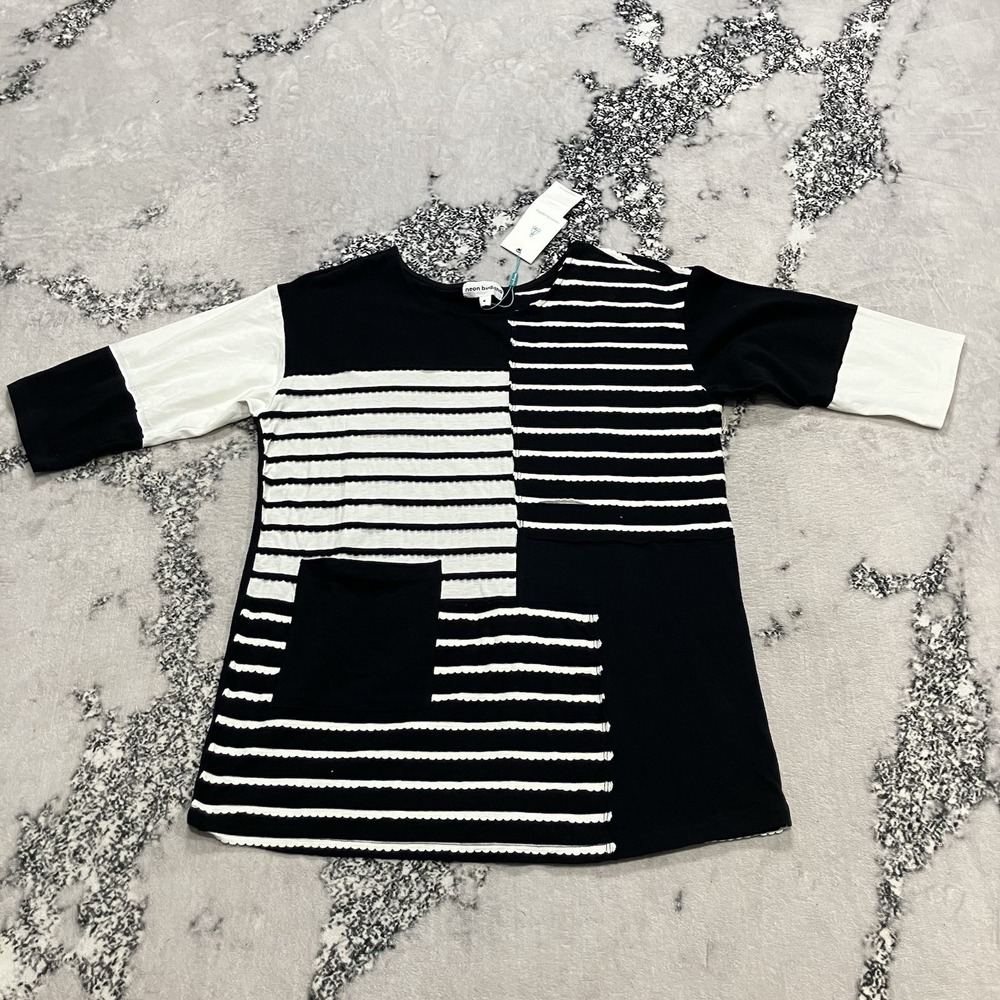 Neon Buddha Patchwork Stripe Tunic Top Black White Stretch Women Size M